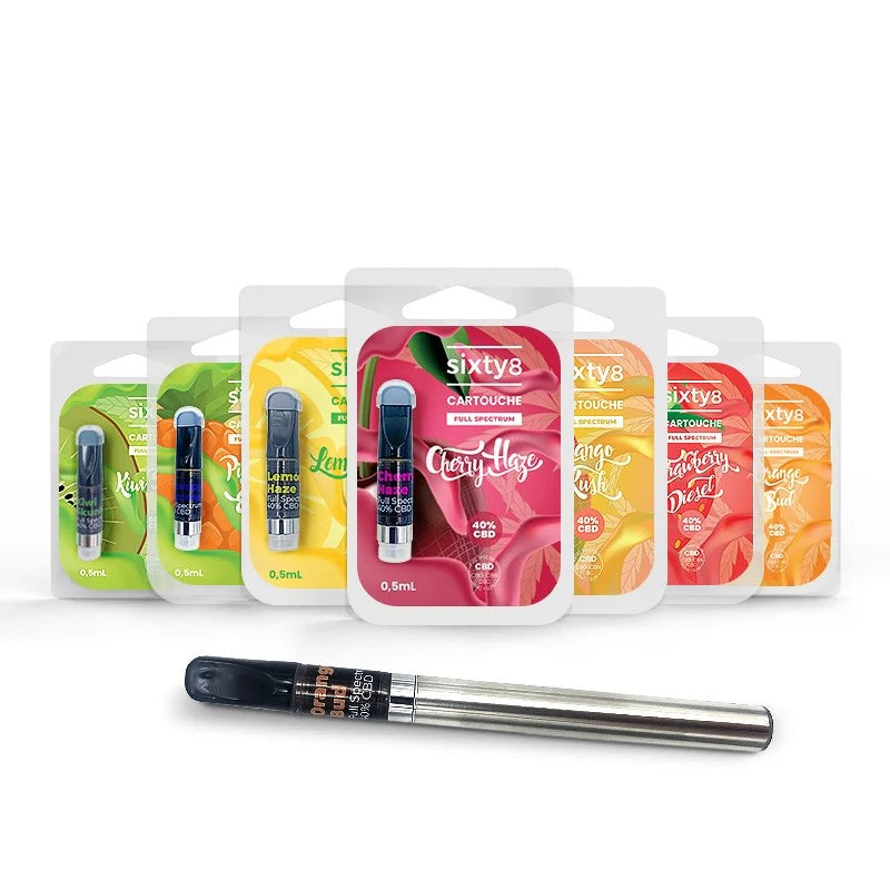 Assorted sixty8 CBD vape cartridges in colorful packaging with a vape pen